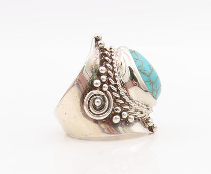 925 Sterling Silver Vintage Ring Carved Drop Shape Turquoise  Sz 9  RG31734