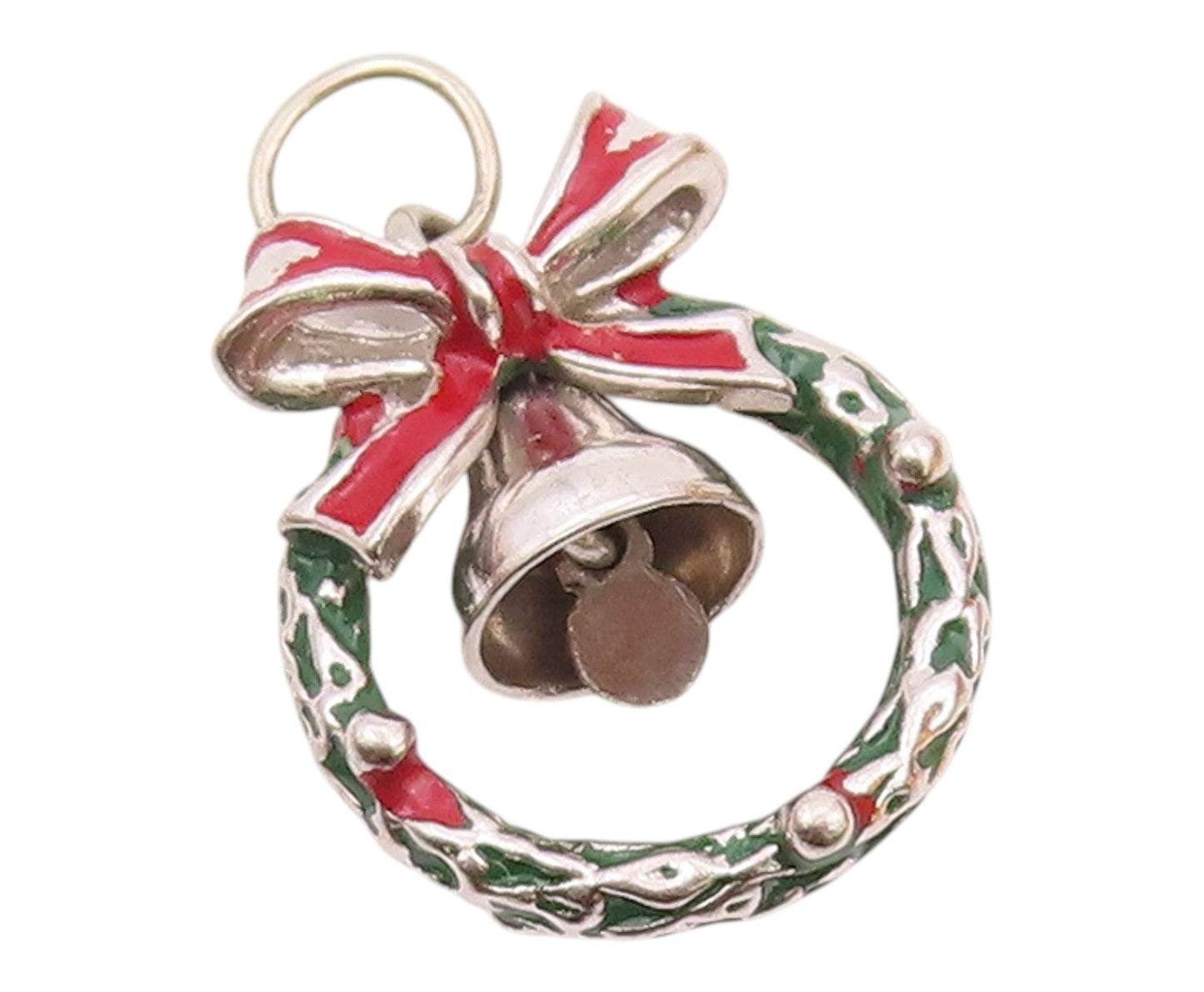 925 Sterling Silver  Vintage Christmas Wreath Bow & Bell Pendant  PT18823