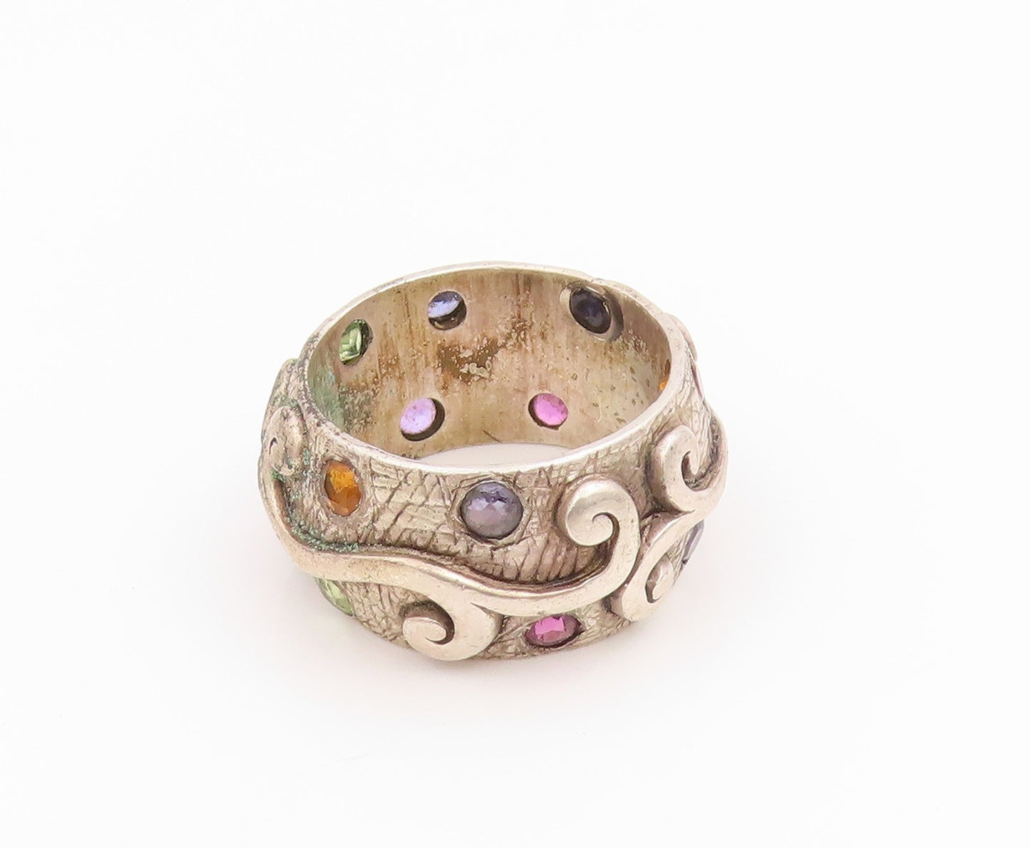 925 Sterling Silver Vintage Ring Multi Gemstone Swirly Scroll Band Sz 7 RG35728