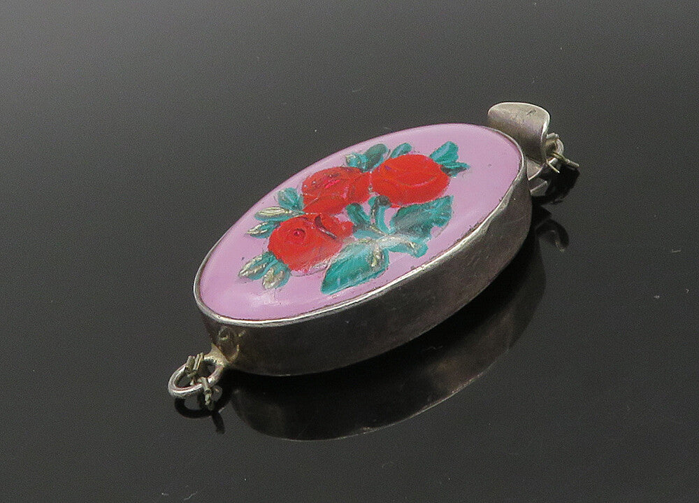 925 Sterling Silver  Vintage Enamel Floral Art Oval Trinket  TR3123