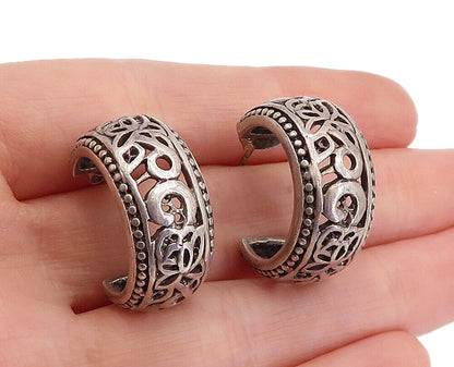 925 Sterling Silver  Vintage Dark Tone Open Floral JHoop Earrings  EG2425
