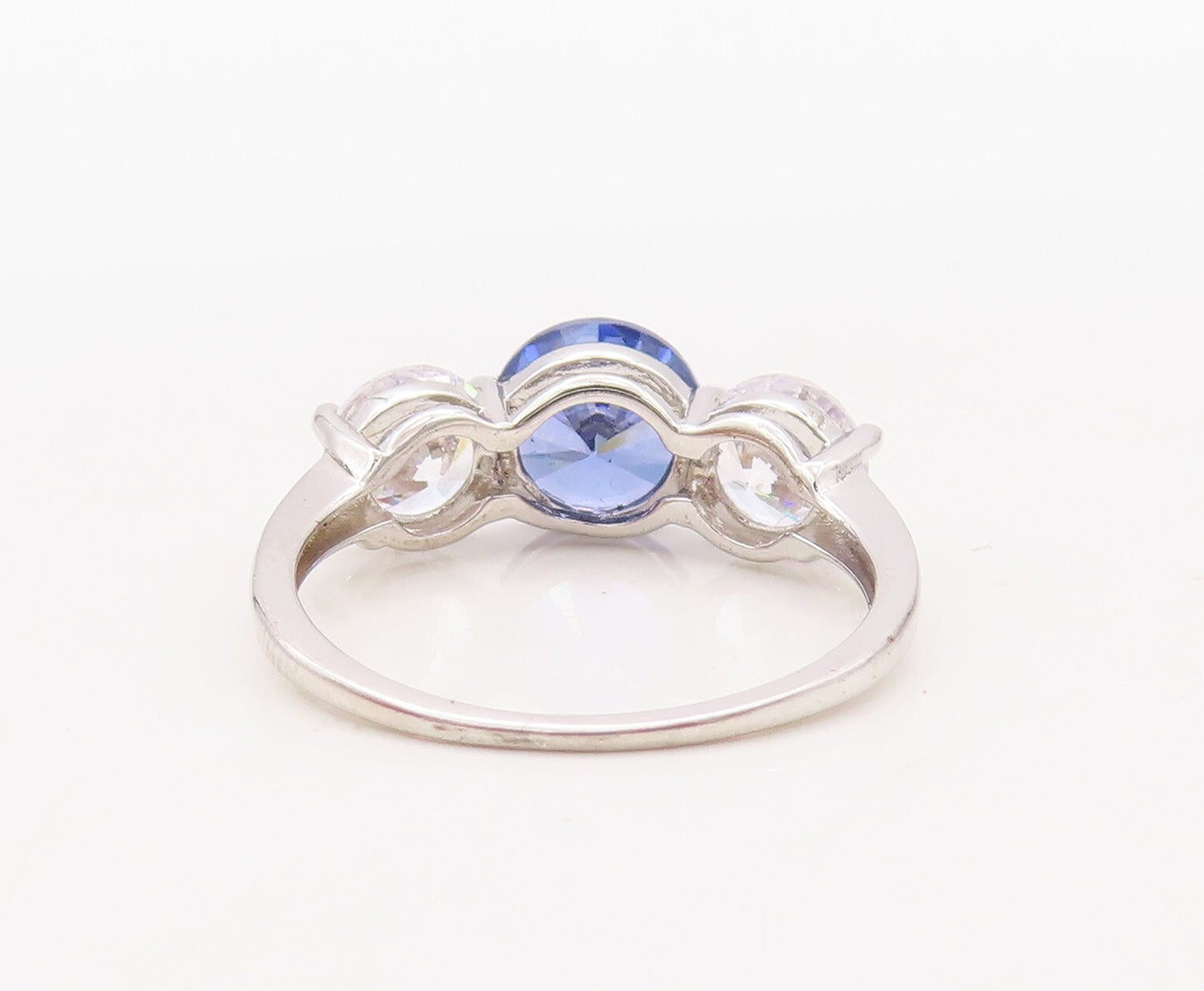 925 Sterling Silver Vintage Ring 3 Stone Round Sapphire & CZ  Sz 7.5  RG30873