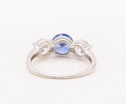 925 Sterling Silver Vintage Ring 3 Stone Round Sapphire & CZ  Sz 7.5  RG30873