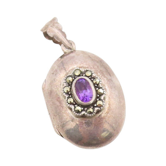 925 Sterling Silver Vintage Pendant Amethyst & Marcasite Flower OPENS  PT24866