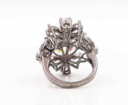 925 Sterling Silver Vintage Ring Dark Tone Drop Cut CZ Flowers  Sz 6.5  RG31767