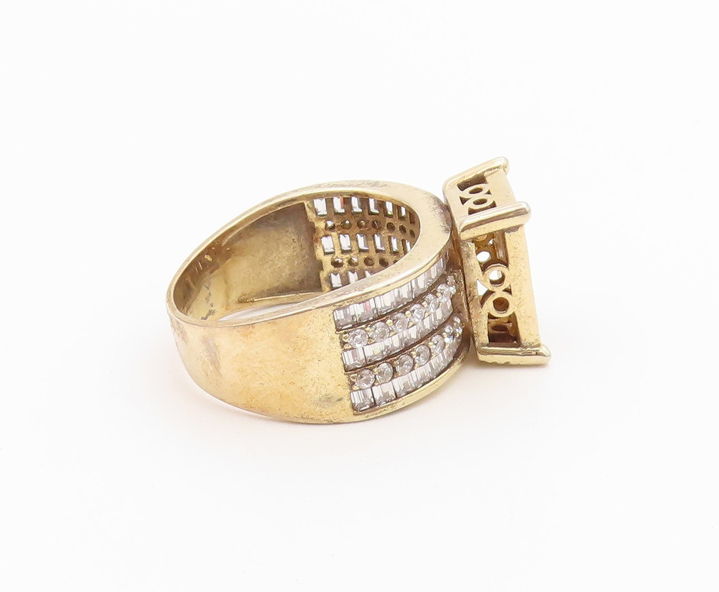 925 Sterling Silver Vintage Ring Gold Plated CZ Statement Band  Sz 9  RG36764