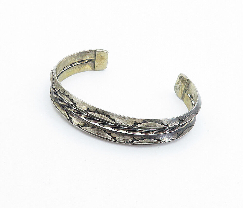 NAVAJO 925 Sterling Silver Vintage Dark Tone Rope Twist Cuff Bracelet BT2992