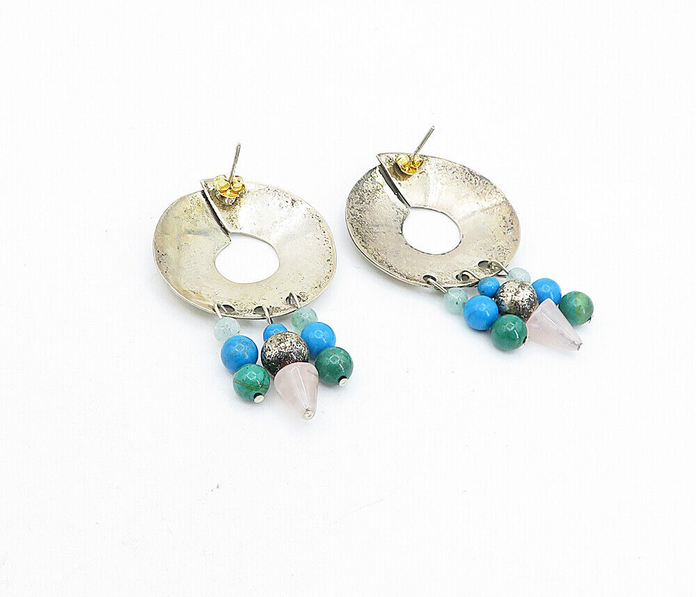 925 Sterling Silver  Vintage Turquoise & Quartz Beaded Dangle Earrings  EG2661