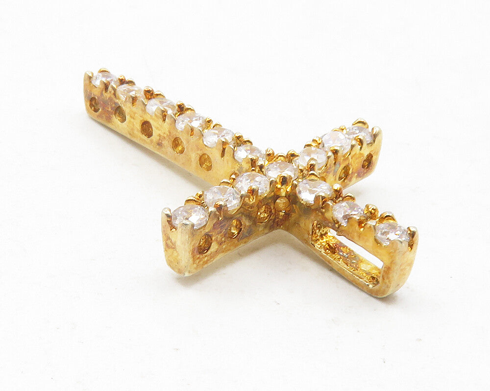 925 Sterling Silver  Shiny Topaz Gold Plated Religious Cross Pendant  PT9477