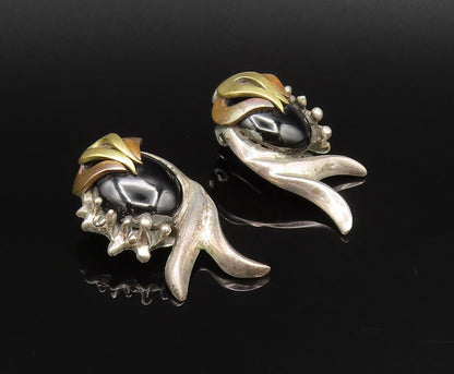 925 Sterling Silver Vintage Two Tone Modernist Onyx Clip Back Earrings EG12225