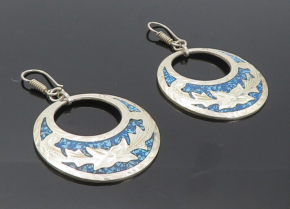 MEXICO 925 Sterling Silver  Vintage Turquoise Floral Dangle Earrings  EG4178