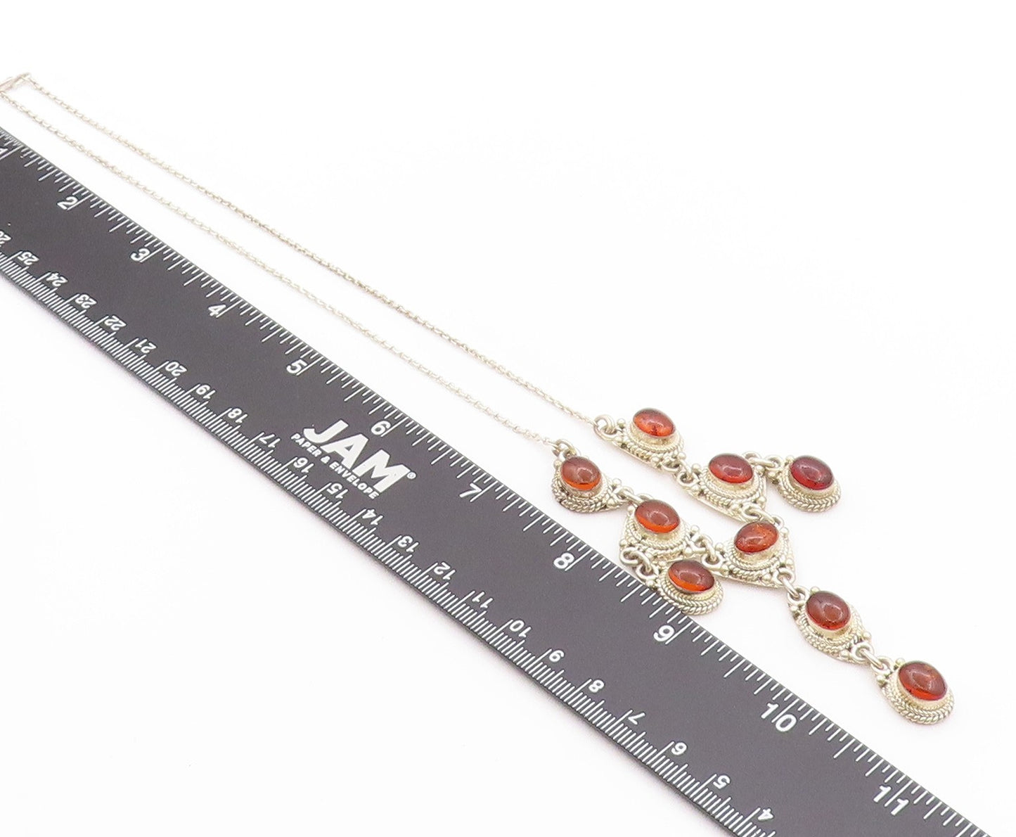 925 Sterling Silver Vintage Necklace Antique Roped Oval Cabochon Amber  NE4560