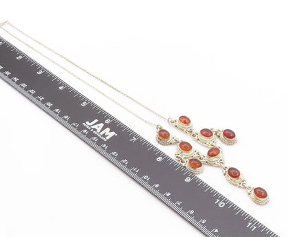 925 Sterling Silver Vintage Necklace Antique Roped Oval Cabochon Amber  NE4560