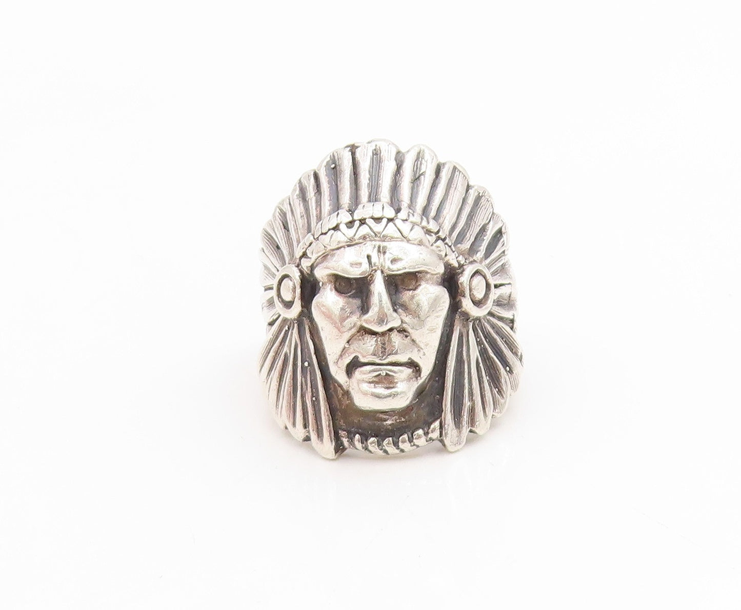 925 Sterling Silver Vintage Ring Carved Tribal Chief Headdress  Sz 8  RG34949