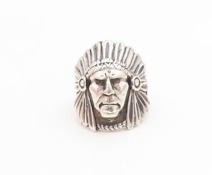 925 Sterling Silver Vintage Ring Carved Tribal Chief Headdress  Sz 8  RG34949