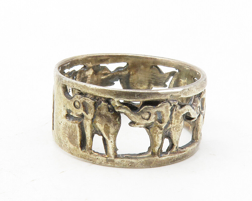 925 Sterling Silver  Vintage Dark Tone Elephants Open Band Ring Sz 6  RG12646