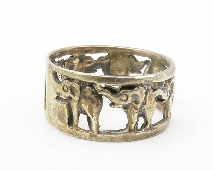 925 Sterling Silver  Vintage Dark Tone Elephants Open Band Ring Sz 6  RG12646