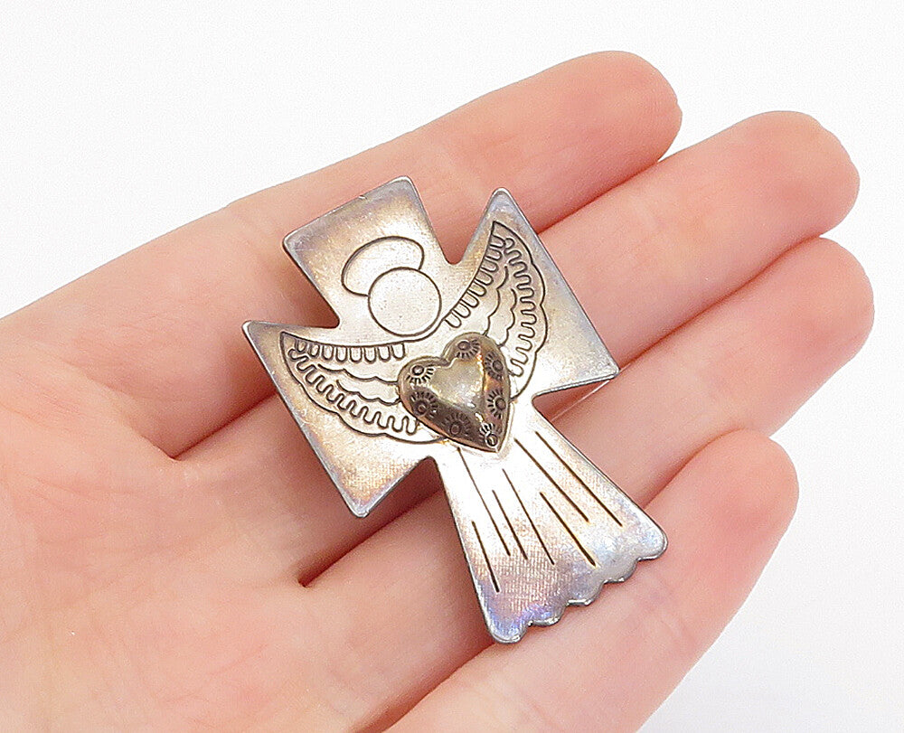 CAROLYN POLLACK RELIOS 925 Silver  Vintage Love Heart Angel Brooch Pin  BP1255