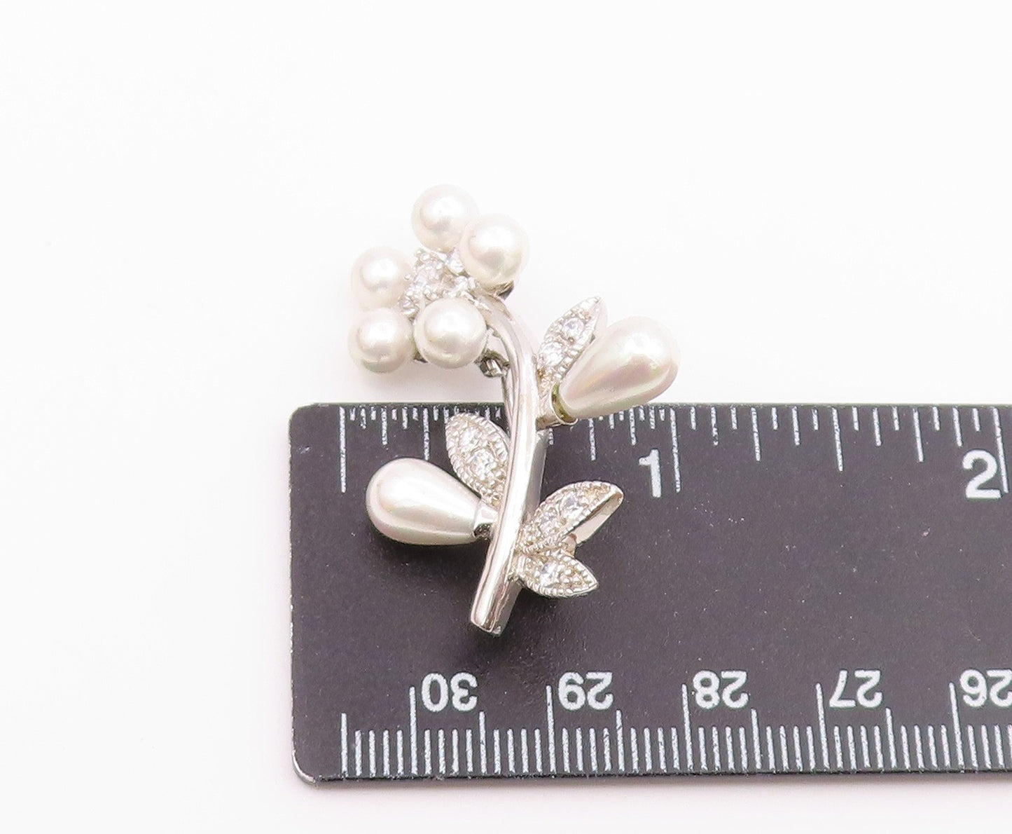 925 Silver  Vintage Cubic Zirconia & Cultured Pearls Flower Brooch Pin  BP9770