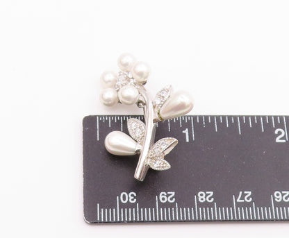 925 Silver  Vintage Cubic Zirconia & Cultured Pearls Flower Brooch Pin  BP9770