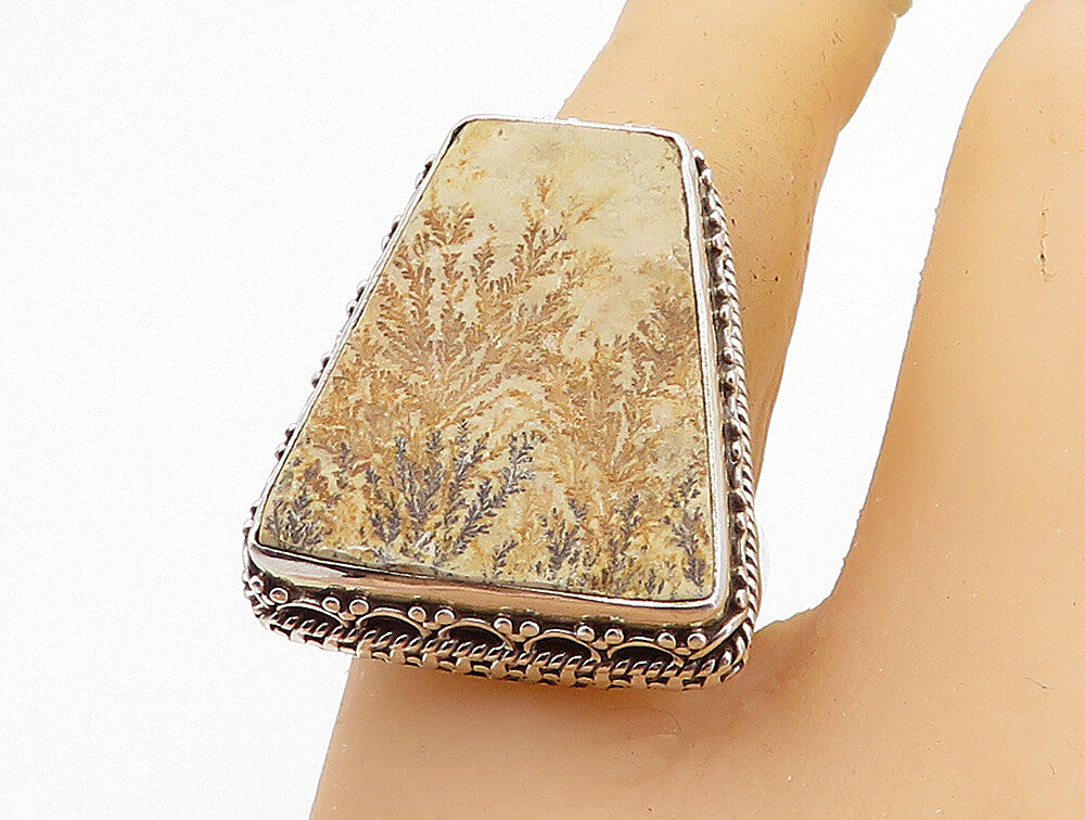 925 Sterling Silver  Floral Leaf Etched Jasper Cocktail Ring Sz 8.5  RG8199