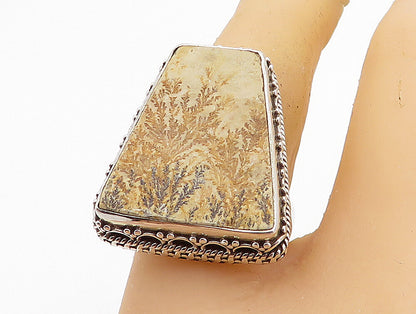 925 Sterling Silver  Floral Leaf Etched Jasper Cocktail Ring Sz 8.5  RG8199