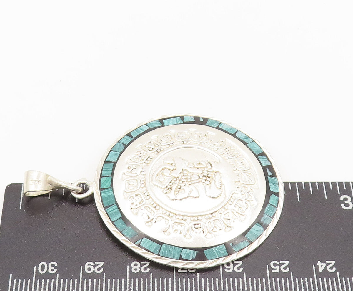 MEXICO 925 Sterling Silver  Vintage Carved Inlay Malachite Pendant  PT22368