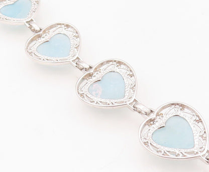925 Sterling Silver Vintage Bracelet Heart Shape Aquamarine Swirly Cut  BT10710