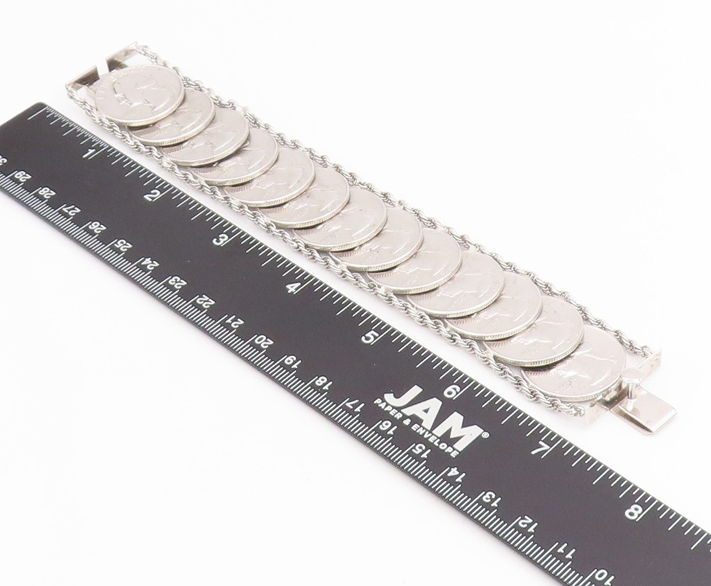 925 Sterling Silver Vintage Bracelet Solid US Quarter Dollar Coins Link  BT11626