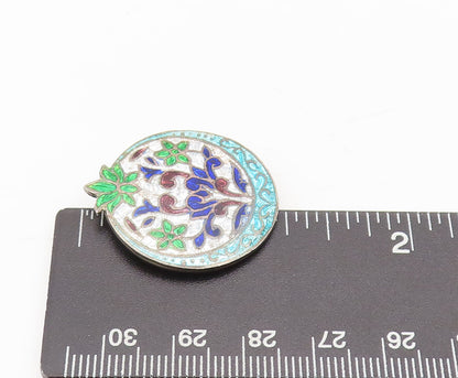 925 Sterling Silver  Vintage Enamel Painted Plant Round Pendant  PT22391