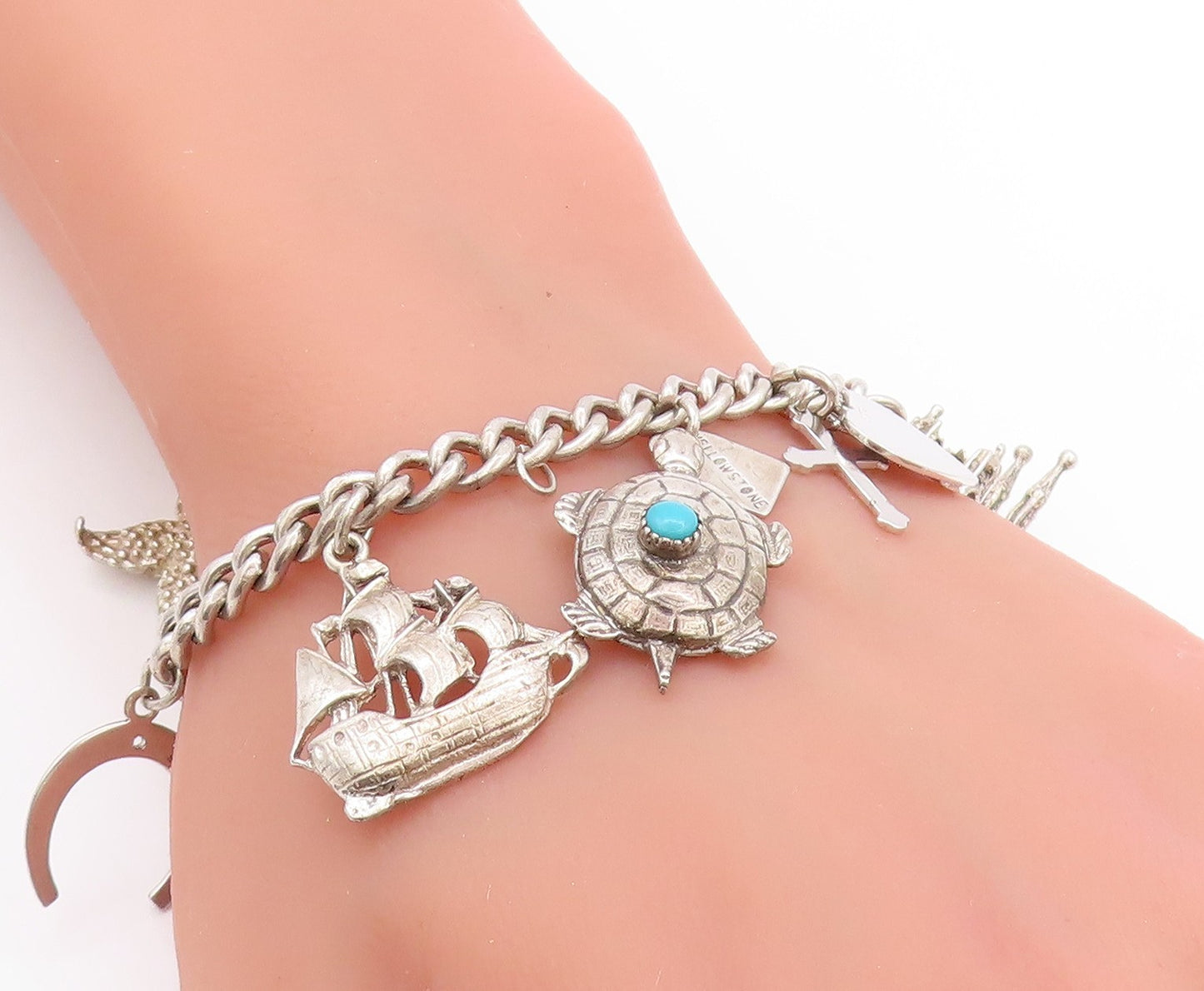 925 Sterling Silver Vintage Bracelet Ocean Life Dangling Larimar Charms  BT11276