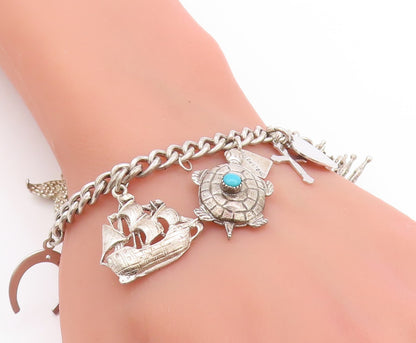 925 Sterling Silver Vintage Bracelet Ocean Life Dangling Larimar Charms  BT11276