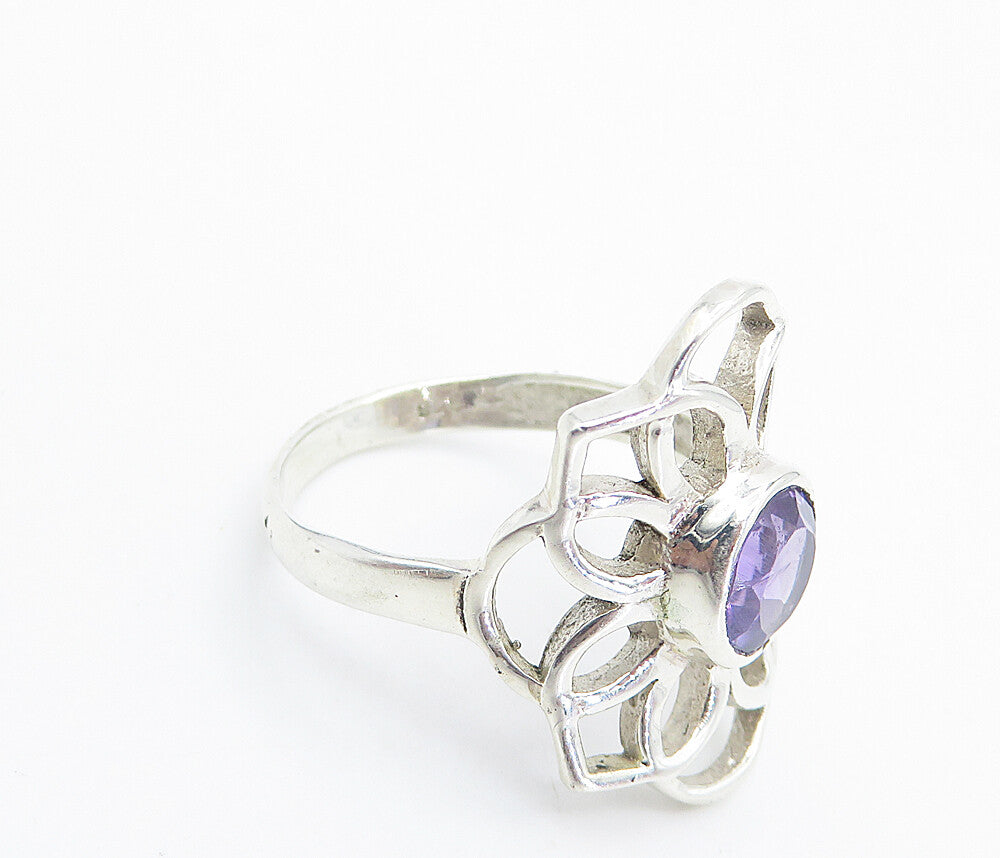 925 Sterling Silver  Amethyst Open Floral Design Cocktail Ring Sz 8  RG8461