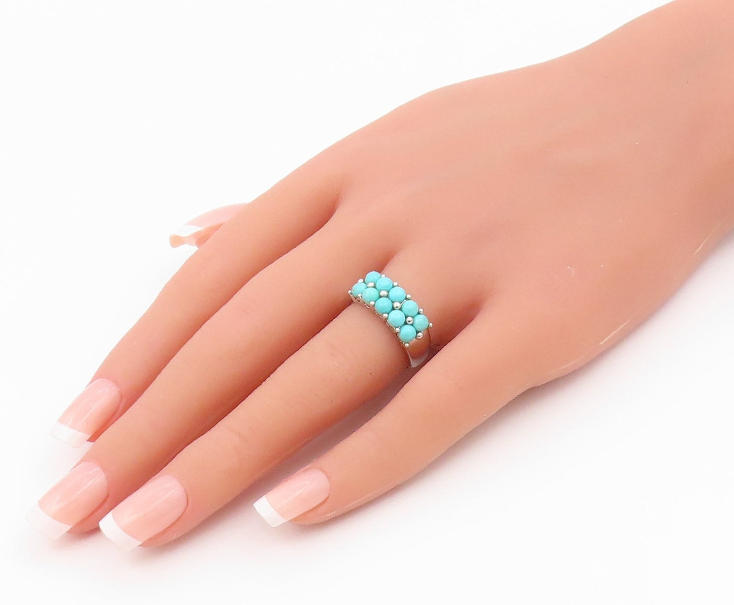 925 Sterling Silver Vintage Ring Cabochon Turquoise Double Row  Sz 6  RG36543