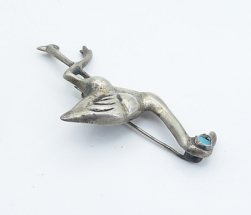 MEXICO 925 Sterling Silver Vintage Turquoise Flamingo Motif Brooch Pin BP2883