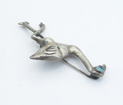 MEXICO 925 Sterling Silver Vintage Turquoise Flamingo Motif Brooch Pin BP2883