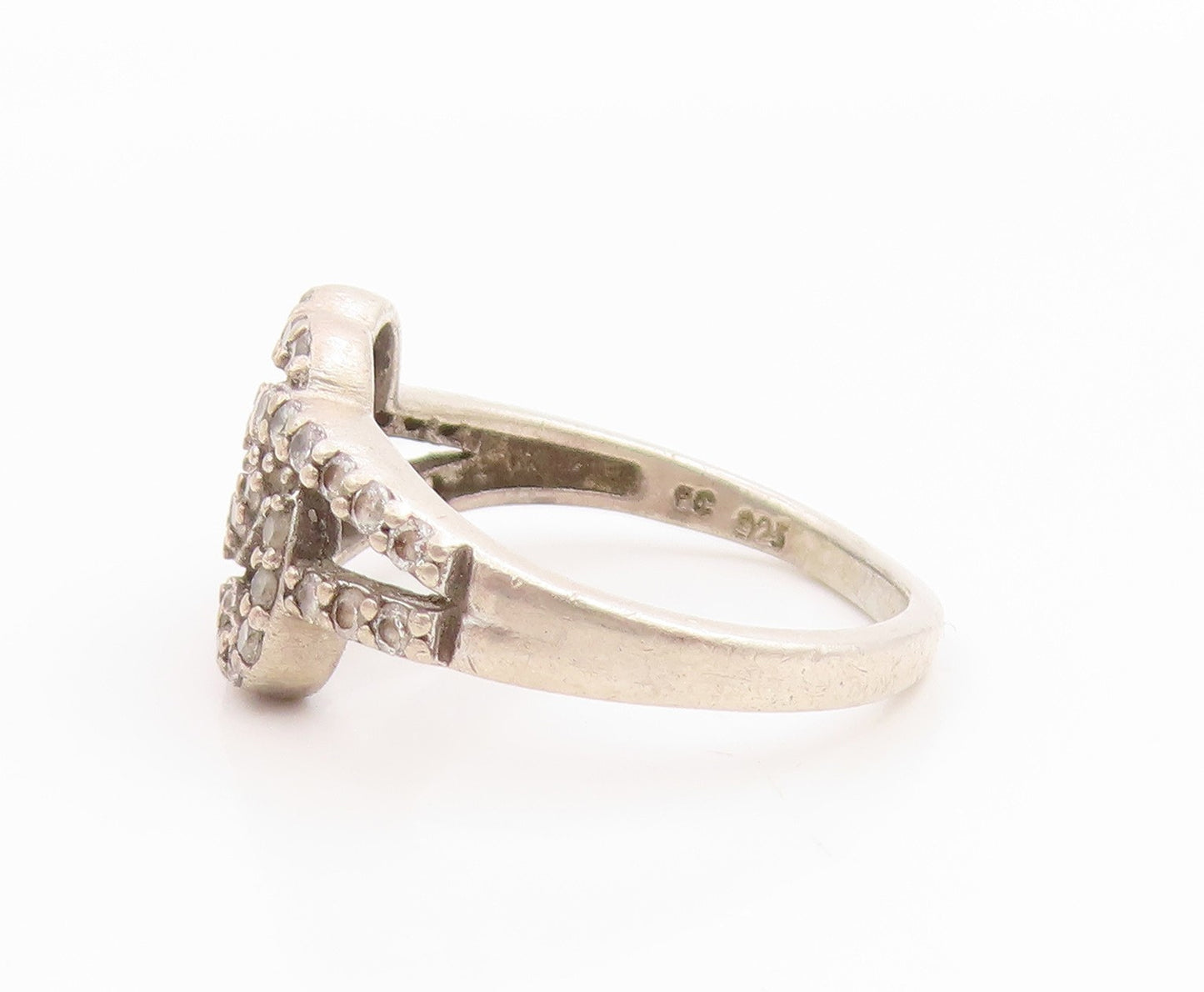 925 Sterling Silver Vintage Ring CZ Interlocking Love Heart Band  Sz 8  RG35563