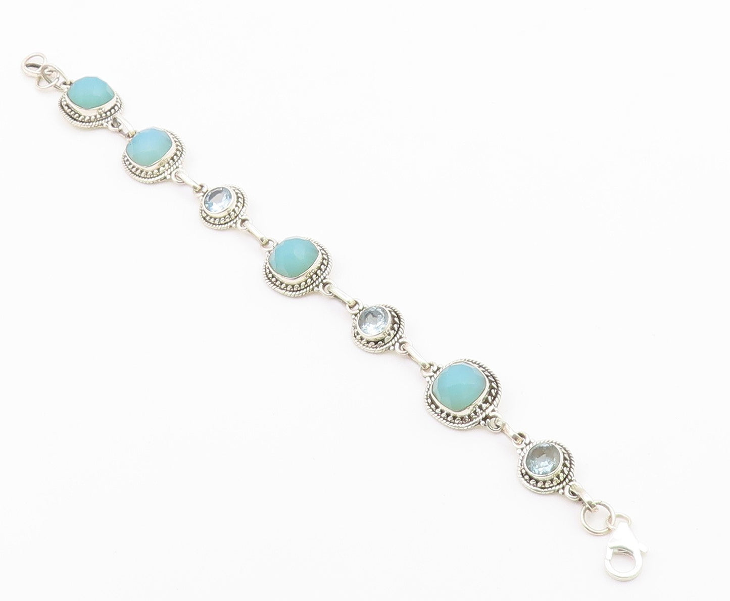 925 Sterling Silver  Aqua Chalcedony & Topaz Shiny Twist Chain Bracelet BT3635