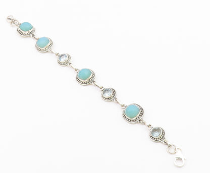 925 Sterling Silver  Aqua Chalcedony & Topaz Shiny Twist Chain Bracelet BT3635
