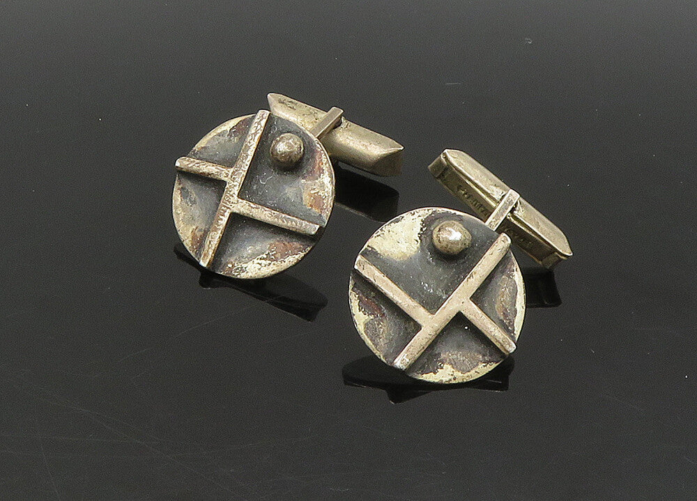 925 Sterling Silver  Vintage Oxidized Round Modernist Cufflinks  TR3137
