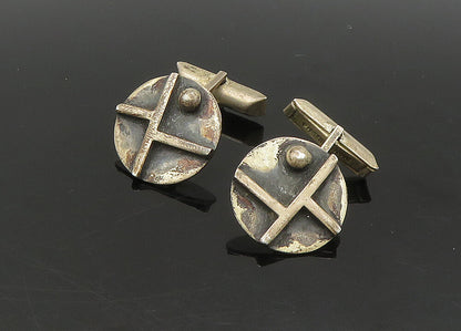 925 Sterling Silver  Vintage Oxidized Round Modernist Cufflinks  TR3137