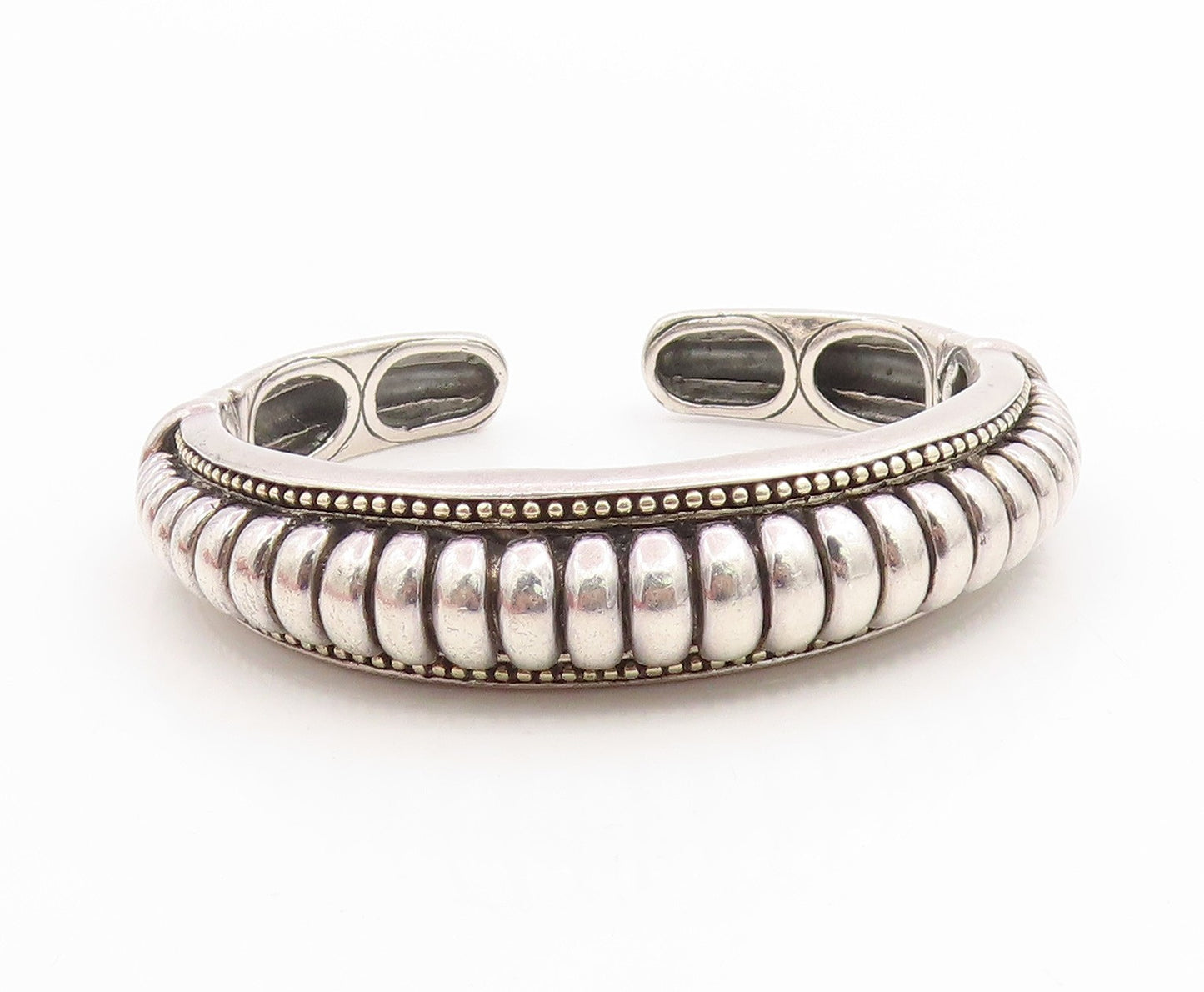 925 Sterling Silver Vintage Bracelet Modernist Solid Ribbed Beaded Cuff  BT12014
