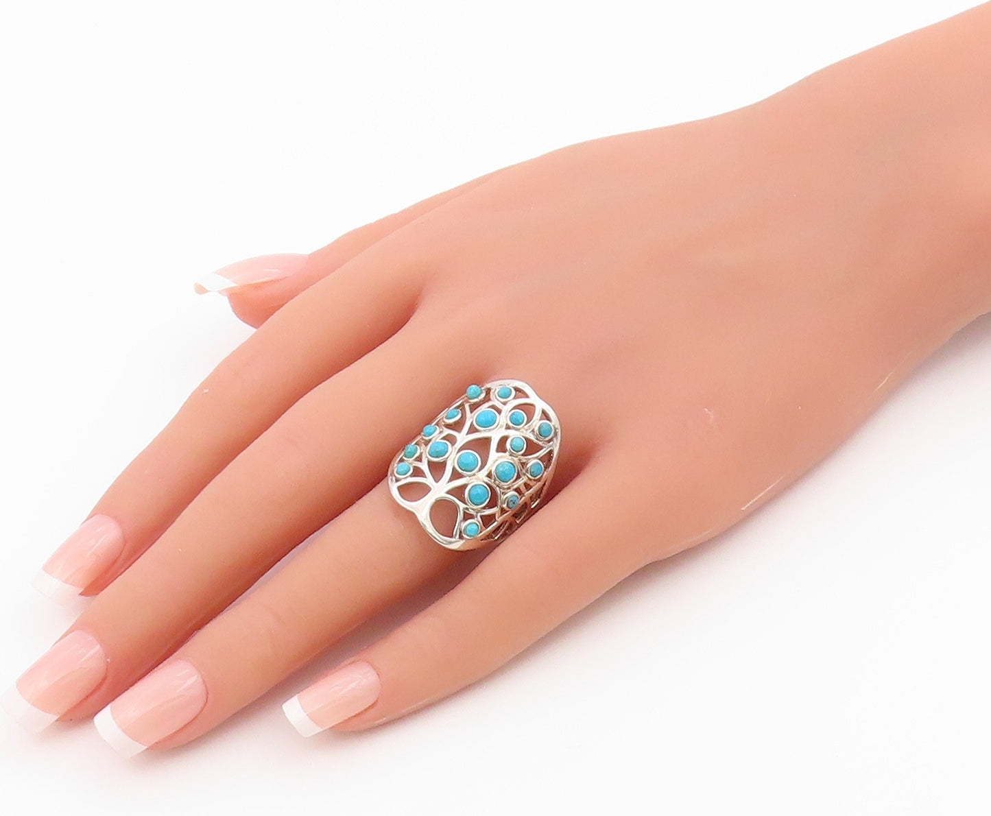 925 Sterling Silver Vintage Ring Round Turquoise Openwork Band  Sz 8.5  RG36449