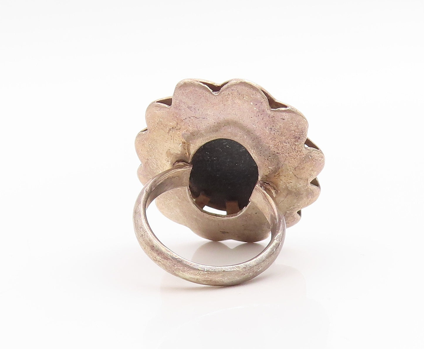 925 Sterling Silver Vintage Ring Cabochon Onyx Floral Cutout  Sz 5.5  RG35755