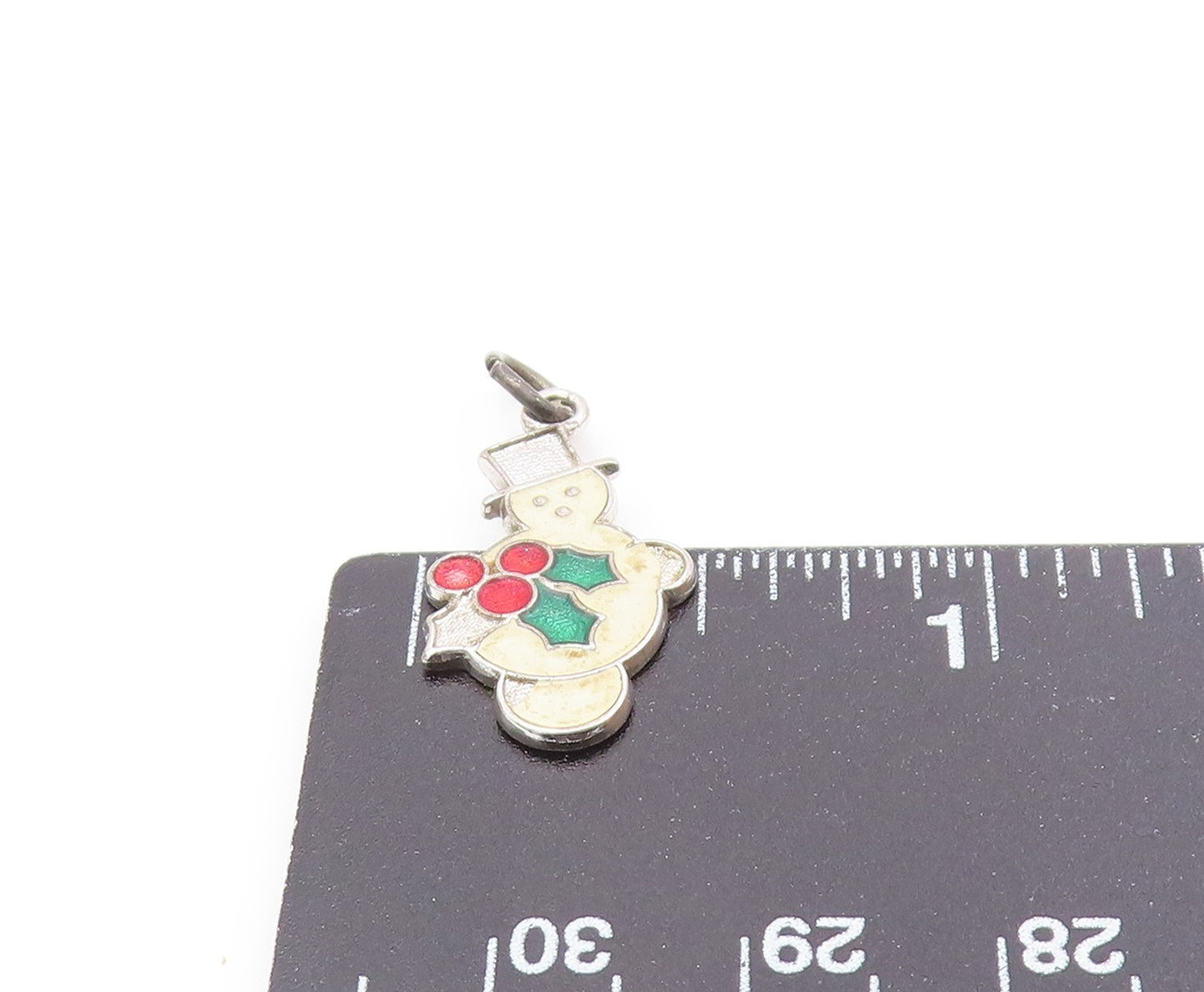 925 Sterling Silver  Vintage Enamel Snowman & XMas Holly Pendant  PT18678
