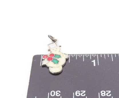 925 Sterling Silver  Vintage Enamel Snowman & XMas Holly Pendant  PT18678