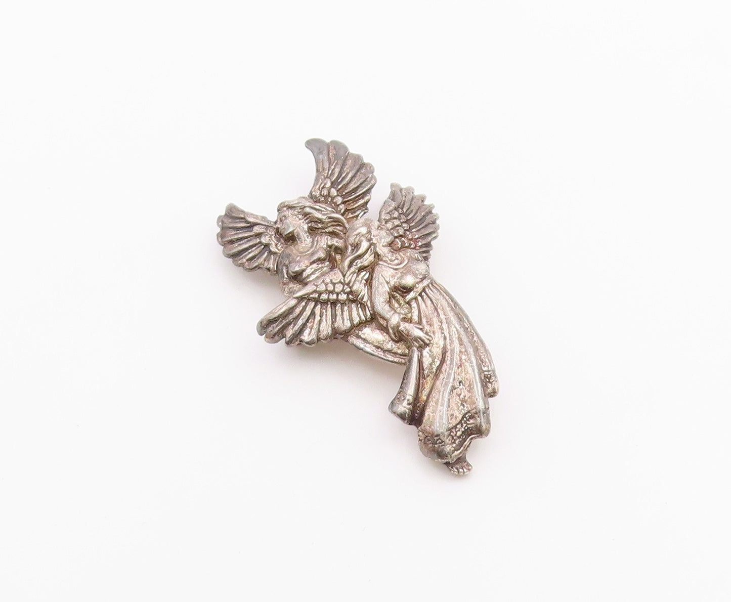 925 Sterling Silver  Vintage Double Flying Female Angels Brooch Pin  BP9699