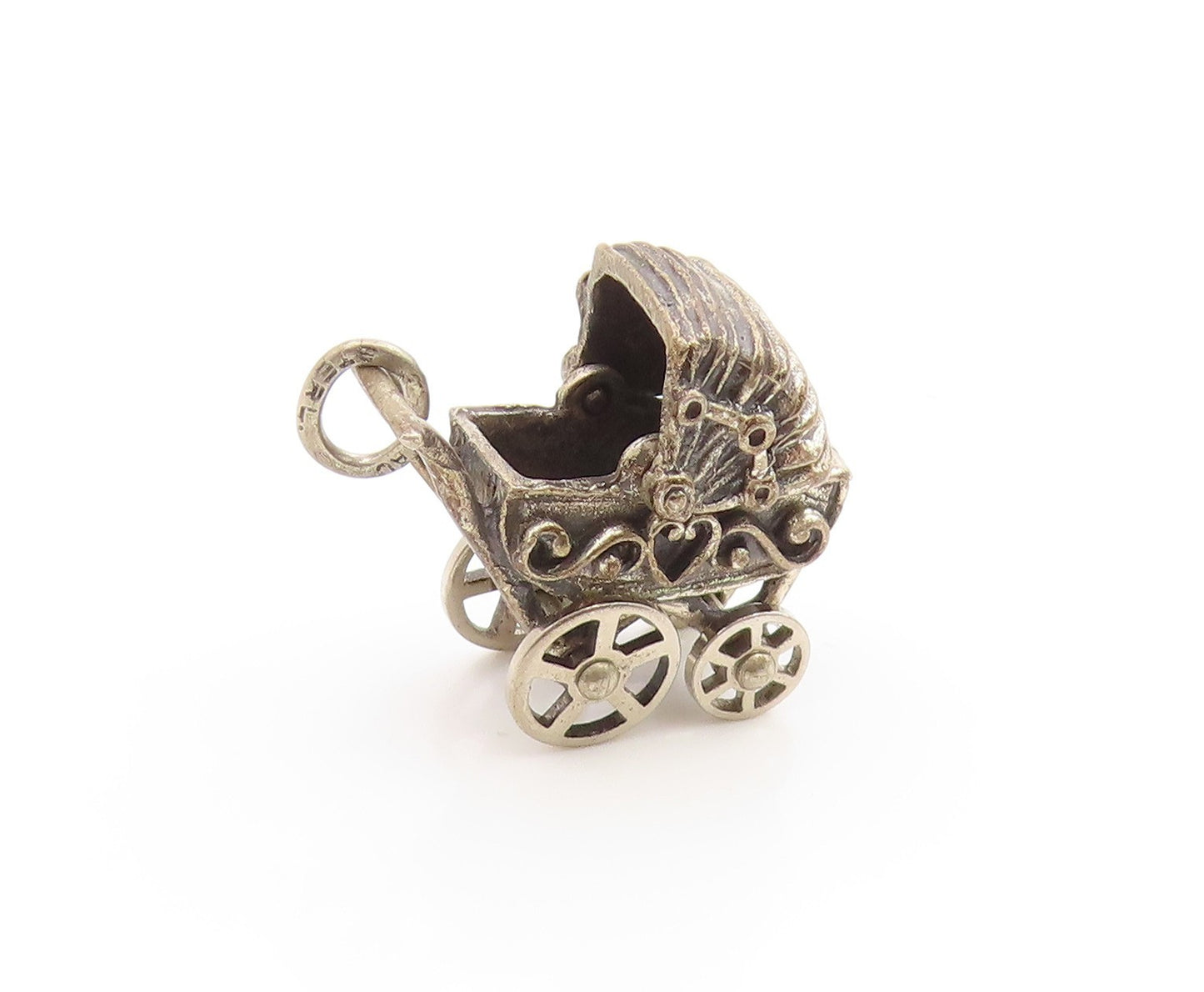 925 Sterling Silver Vintage Pendant BEAU 3D Baby Stroller Charm MOVES  PT26269