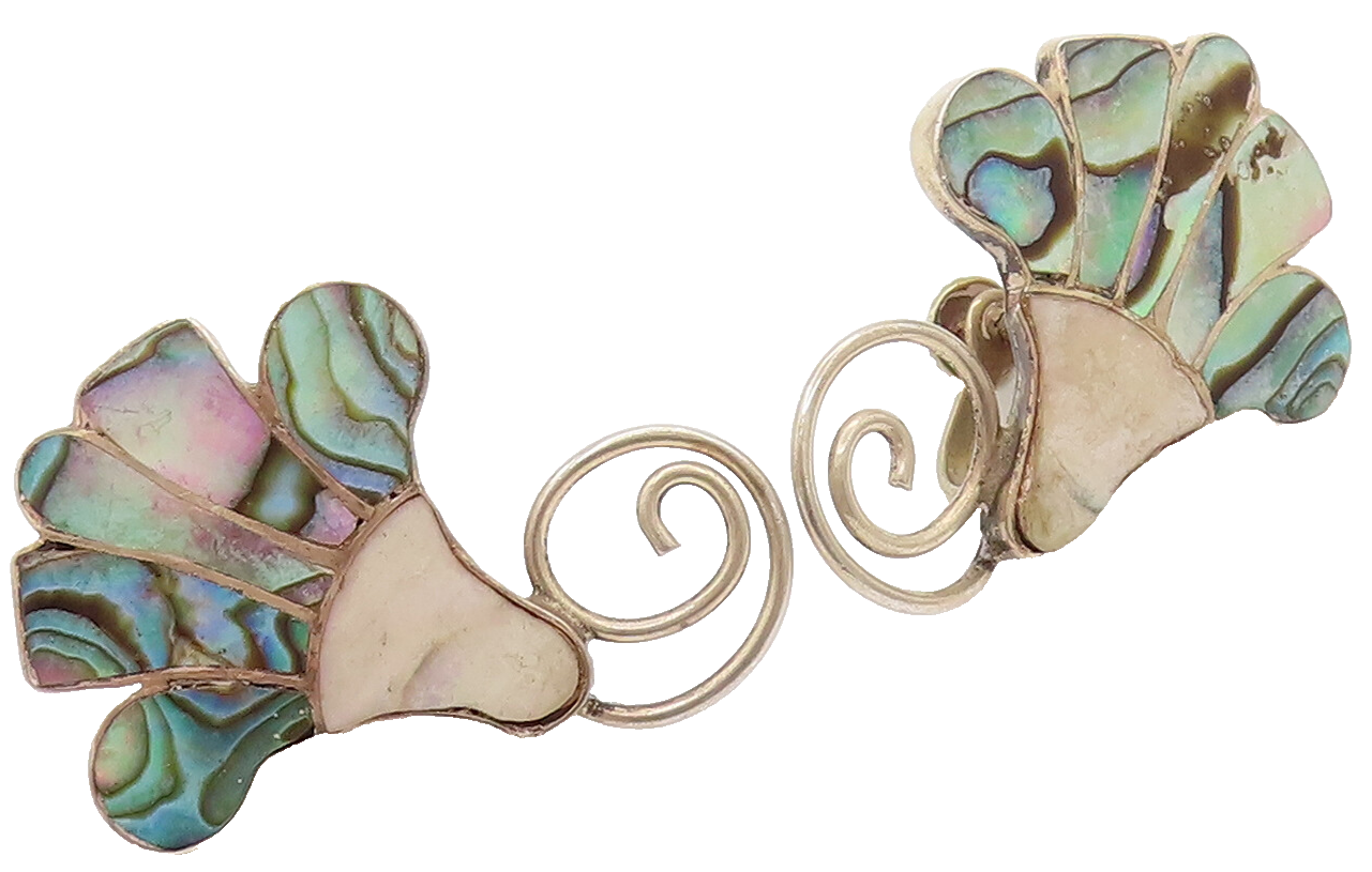 MEXICO 925 Silver  Vintage Mother Of Pearl & Abalone Shell Earrings  EG12346
