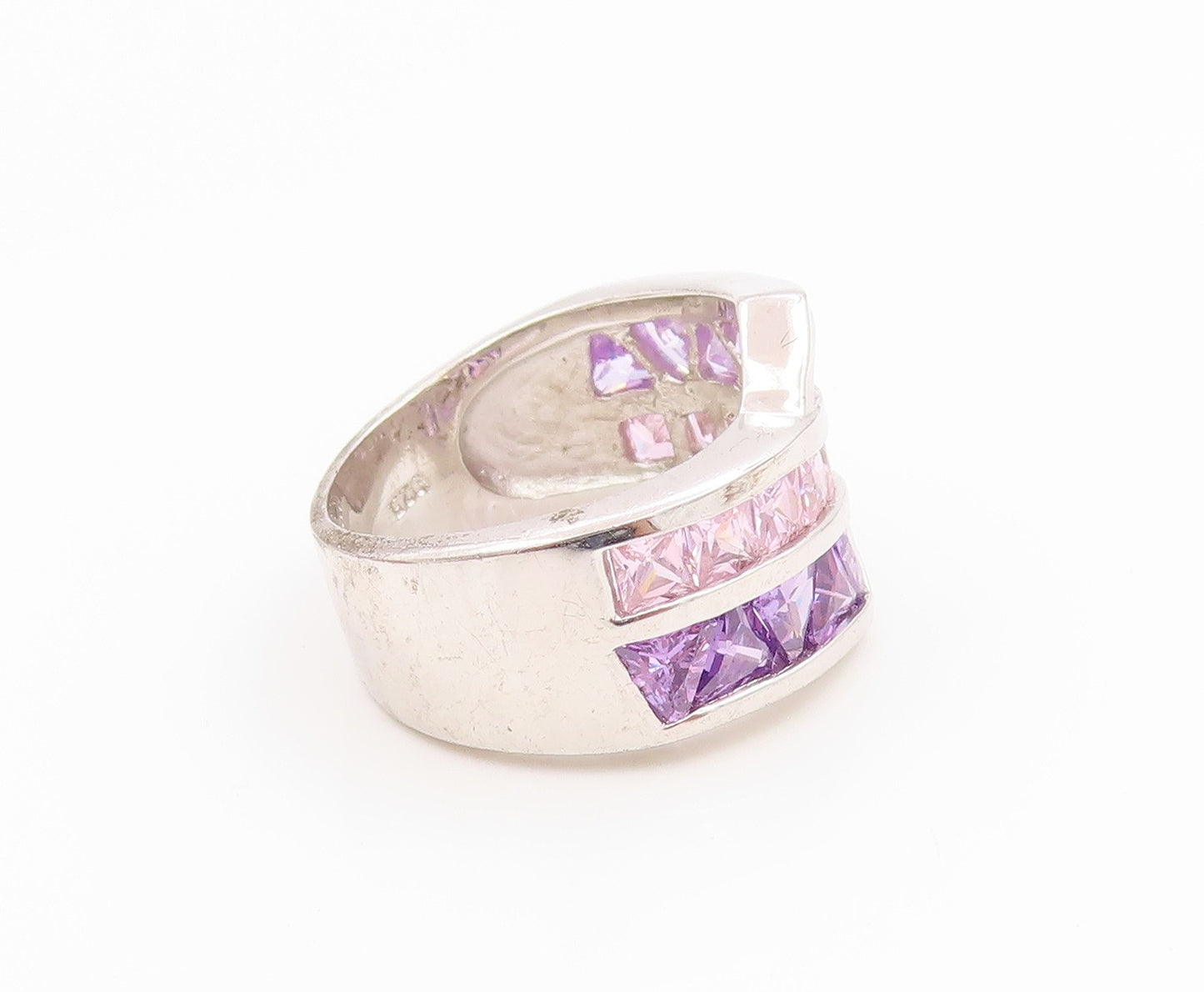 925 Sterling Silver Vintage Ring Amethyst & Pink Topaz Band  Sz 7.5  RG36250